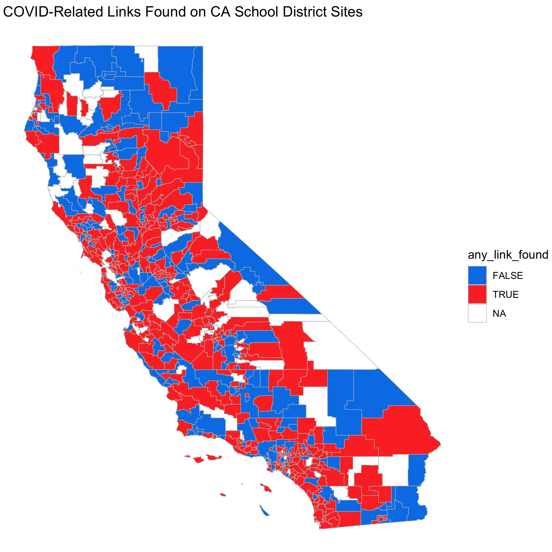 Map of California school districts showing whether or not they contained COVID-related links on their website