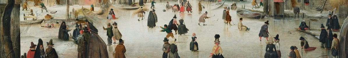 A town of people skating on a frozen lake